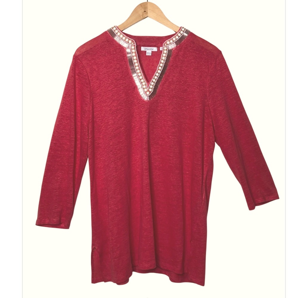 Chicos Coral Linen Beaded V Neck 3/4 Sleeve Tunic Top Large Boho Beach Casual